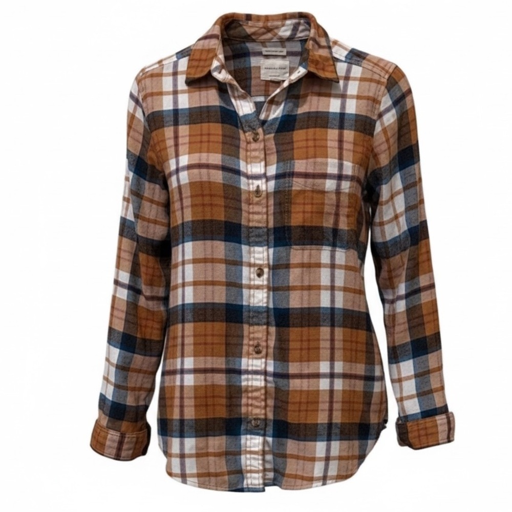 American Eagle tan/blue plaid boyfriend fit flannel button down, small